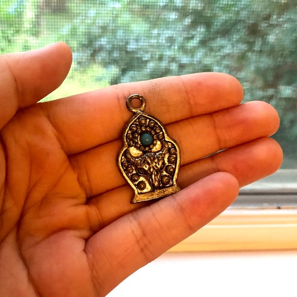 Anthropologie Silver Longhorn Western Cowboy Turquoise Necklace Pendant Vintage - Picture 1 of 5
